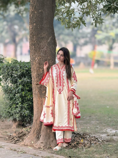 Dhaga Embroidery 3PC Suit | Heavy Embroidered Shawl | Stone Linen Brand Fabric | Embroidery Dress For Girl's