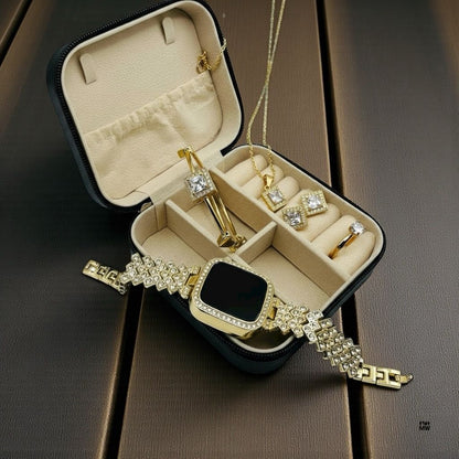 Luxury Golden Watch with Jewelry Set & Box | Elegant Gift Set for Women | Jewelry Box Gift Set For Girl's | Stylish Watch With Jewelry | Wedding Gift For Girl's